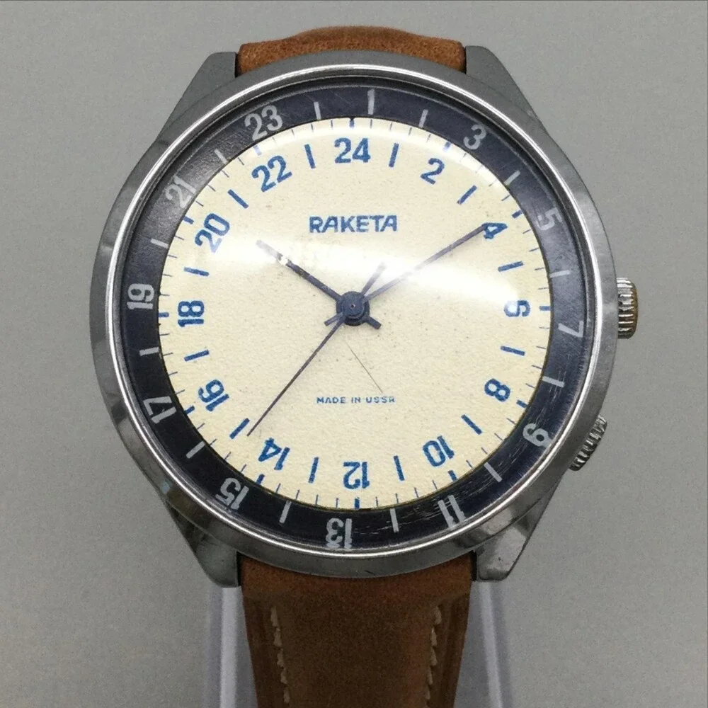 Vintage Raketa Mens Watch 40mm Silver Tone Cream 24 Hour Dial Manual USSR
